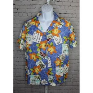Marsh Landing Shirt Mens Large Blue Aloha Floral Print Short Sleeve Button Up